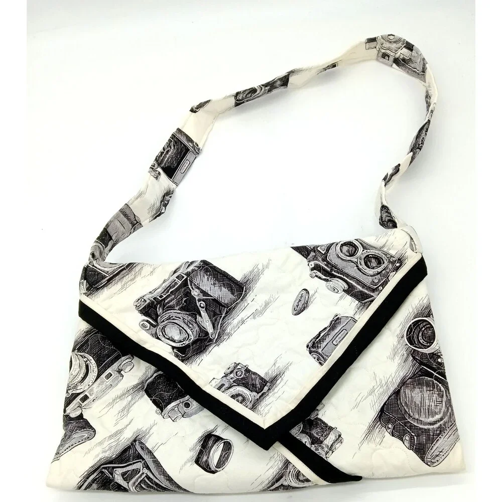 Handmade Quilted Black & White Vtg Camera Print Flap Shoulder Bag Purse